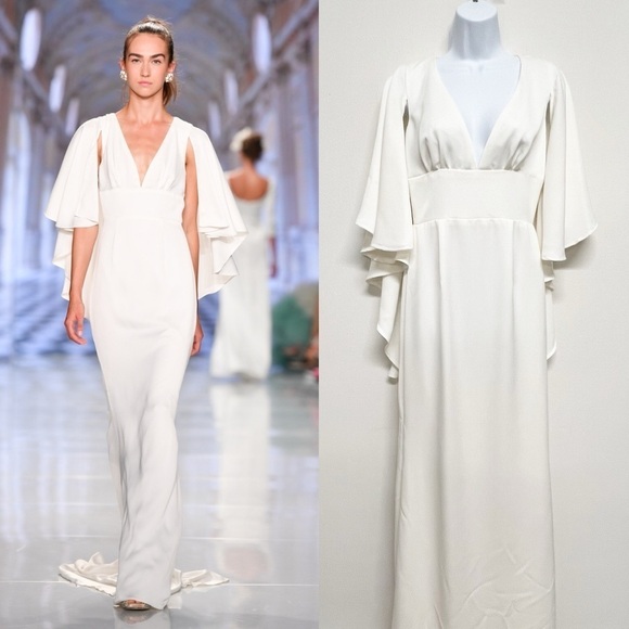 Christopher Paunil Womens Cream Elle A-Line Boatneck Wedding Gown Size 8 - Picture 3 of 10